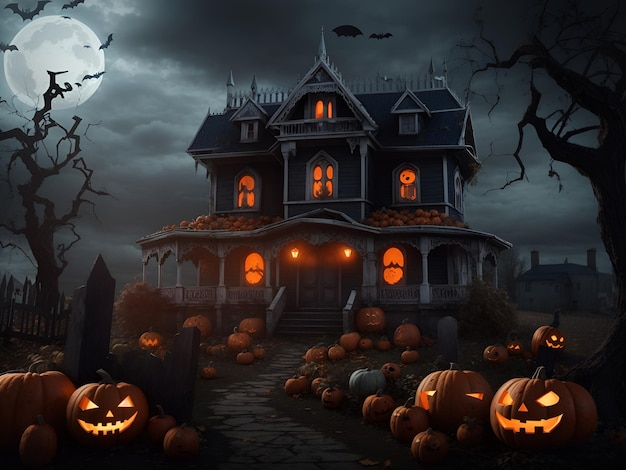 Una scena di Halloween con zucche e una casa stregata