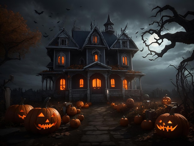 Una scena di Halloween con zucche e una casa stregata