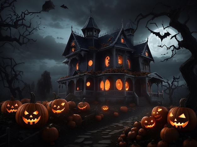 Una scena di Halloween con zucche e una casa stregata