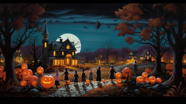 una scena di halloween con zucche e zucche.