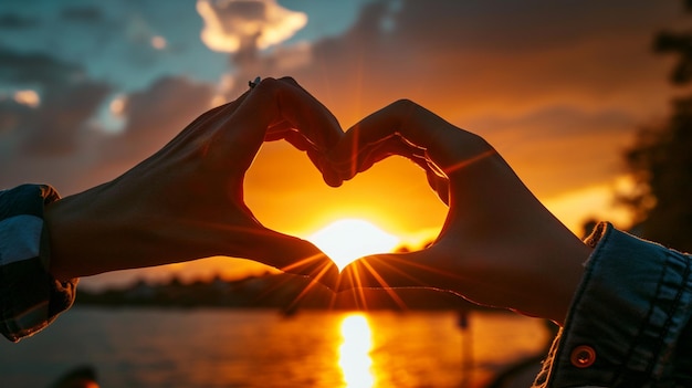 Una scena di mani di coppie che formano una forma di cuore con un tramonto vibrante sullo sfondo hd mani