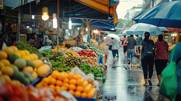 Una scena di mercato vivace in una giornata di pioggia che cattura l'essenza vibrante del commercio locale e