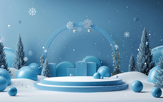 una scena di Natale con uno sfondo blu con una scena di natale e una scatola blu con fiocchi di neve su di essa