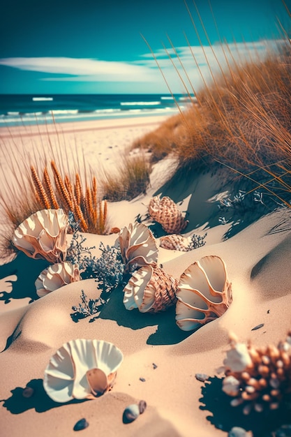 Una scena di spiaggia con conchiglie sulla sabbia e il mare sullo sfondo.