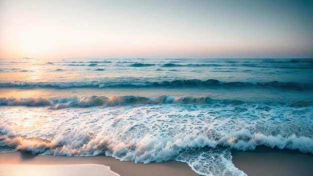 Una scena di spiaggia con onde che si infrangono sulla sabbia.