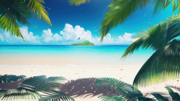 Una scena di spiaggia con palme e un cielo blu