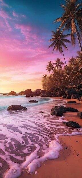 Una scena di spiaggia con palme e un cielo rosa.