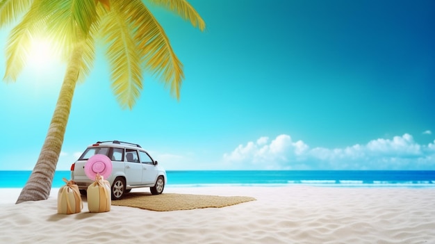 Una scena di spiaggia con un'auto e una palma sullo sfondo.