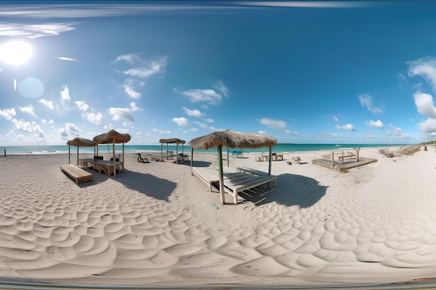 Una scena di spiaggia con un cielo blu e un ombrellone e un ombrellone di paglia.