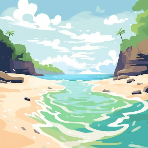 Una scena di spiaggia con un'isola tropicale e palme.