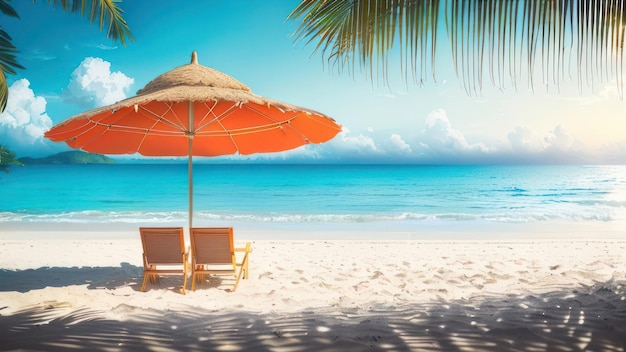 Una scena di spiaggia con un ombrellone e due sedie a sdraio su una spiaggia.