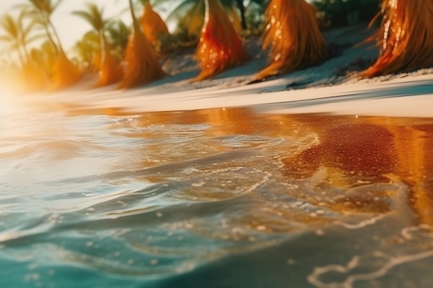 Una scena di spiaggia con un tramonto sullo sfondo