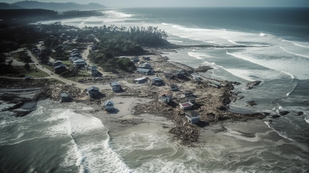 Una scena di spiaggia con una casa a sinistra e una spiaggia a destra.