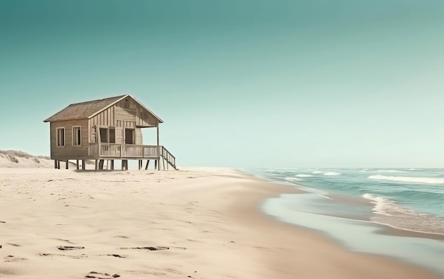 Una scena di spiaggia con una casa sulla sabbia e il mare sullo sfondo.