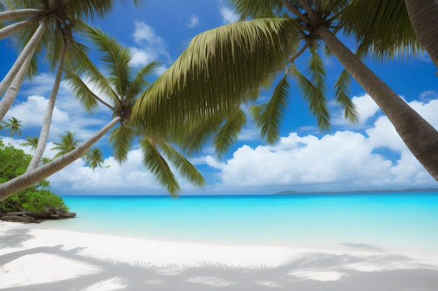 Una scena di spiaggia con una palma e un cielo blu
