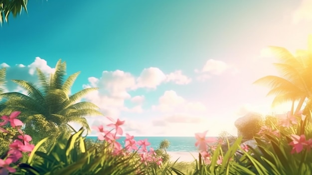 Una scena di spiaggia con una scena tropicale e fiori.