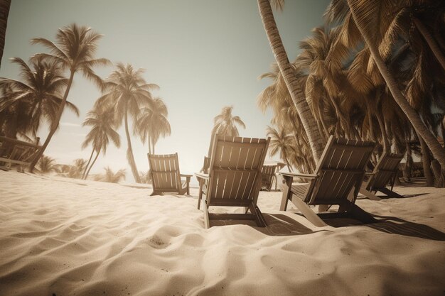 Una scena di spiaggia con una sedia a sdraio e palme.