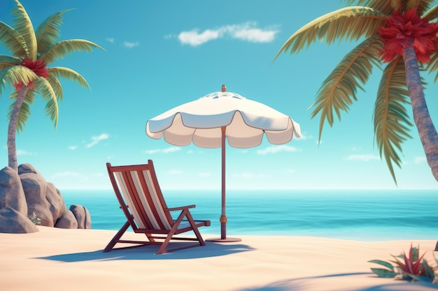 Una scena di spiaggia con una sedia a sdraio e un ombrellone.