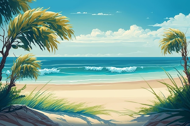 Una scena di spiaggia con una spiaggia e palme.