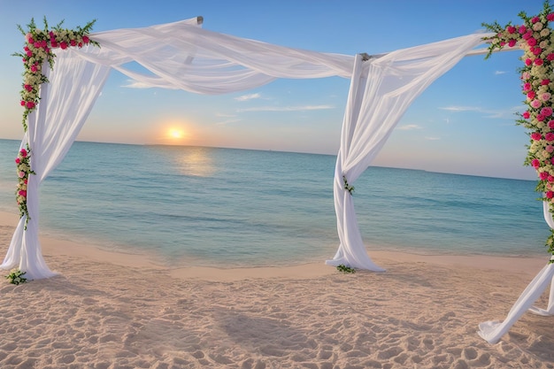 Una scena di spiaggia con una tenda bianca e il sole che tramonta dietro di essa.