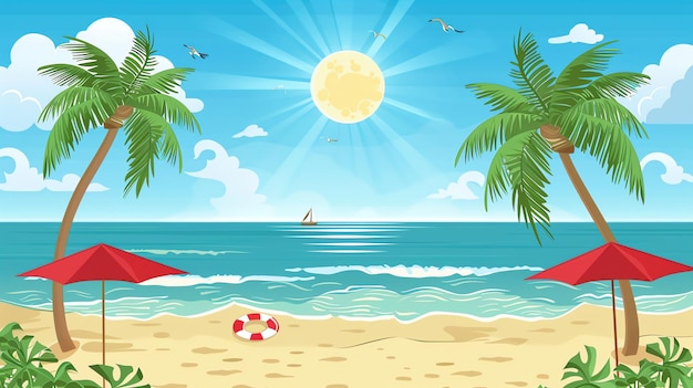Una scena di spiaggia dei cartoni animati con palme e un salvavita