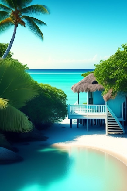 Una scena di spiaggia tropicale con una casa e una palma.