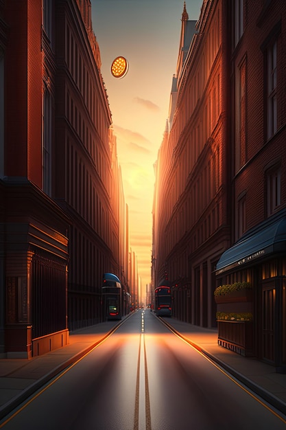 Una scena di strada con edifici in stile europeo e lampione sul tramonto