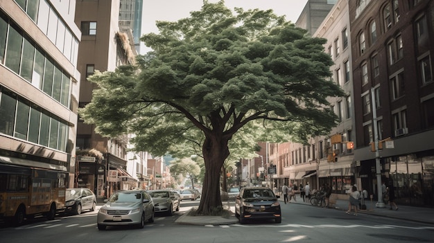 Una scena di strada con un albero a sinistra e un'auto a destra.