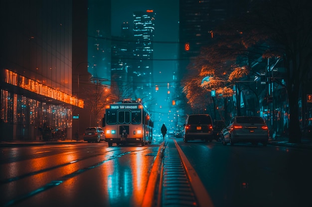 Una scena di strada con un autobus e un cartello che dice "la città di san francisco"