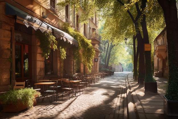 Una scena di strada con un caffè al centro e un cartello con su scritto "caffè".