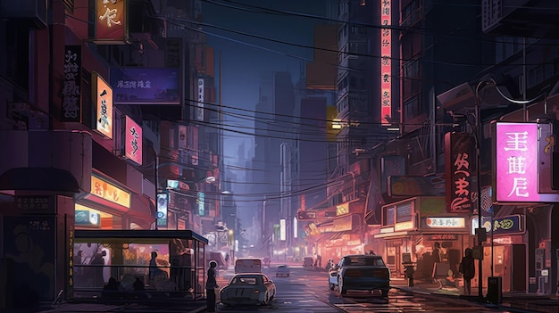 Una scena di strada con un cartello che dice "cyberpunk".