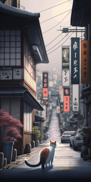 Una scena di strada con un cartello che dice "geisha"