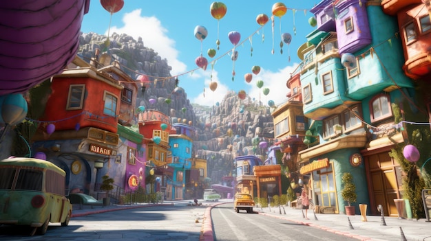 Una scena di strada con un edificio colorato e un cartello che dice "la città è un po' una fiaba"