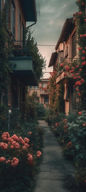 Una scena di strada con un giardino fiorito e una casa verde.