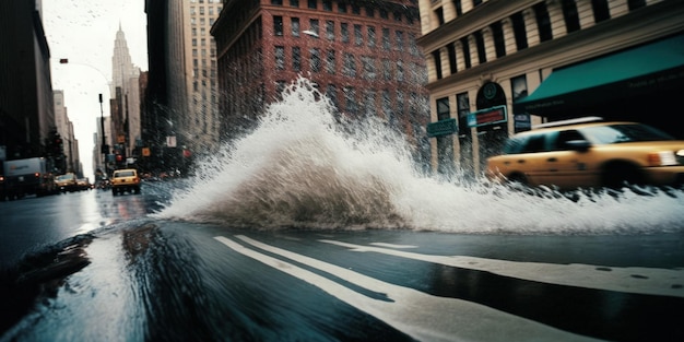 Una scena di strada con un'inondazione di onde d'acqua