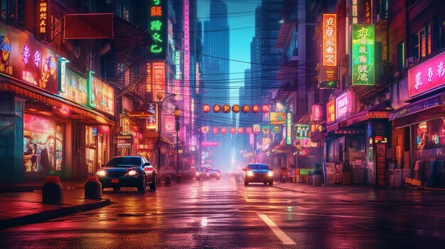 Una scena di strada con un'insegna al neon che dice "strada".