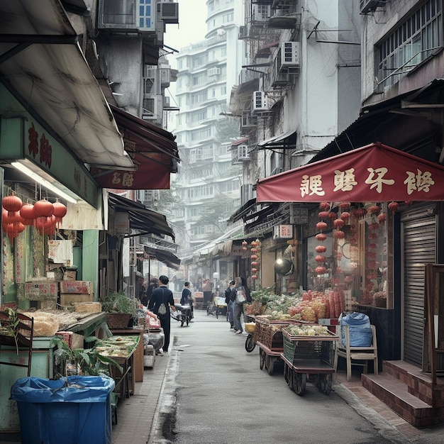 una scena di strada con un tendone rosso con un cartello rosso che dice quot a market quot