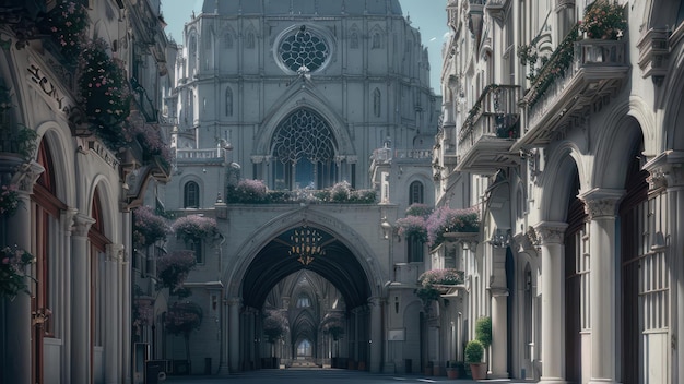 Una scena di strada con una chiesa al centro e la scritta san marco in alto a destra.