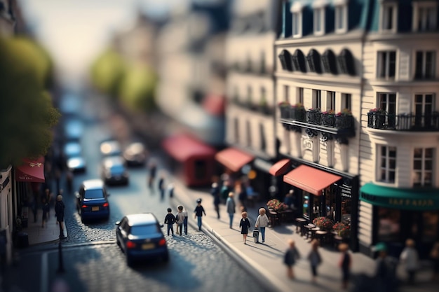 Una scena di strada con una scena di strada trafficata e persone che vi camminano sopra.