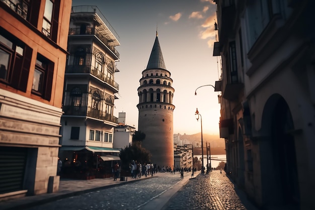 Una scena di strada con una torre e un tramonto sullo sfondo