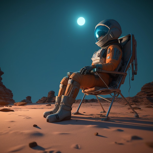 Una scena di un astronauta seduto su una sedia con la luna sullo sfondo