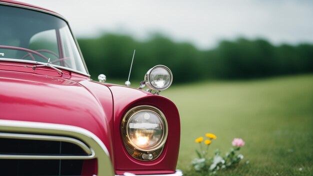 Una scena di un'auto rossa straordinariamente accattivante con un fiore nella parte anteriore AI generativa