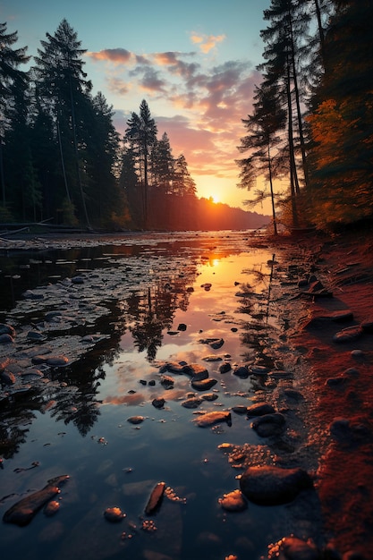 Una scena di un tramonto color pastello che si riflette su un sereno lago AI generativo