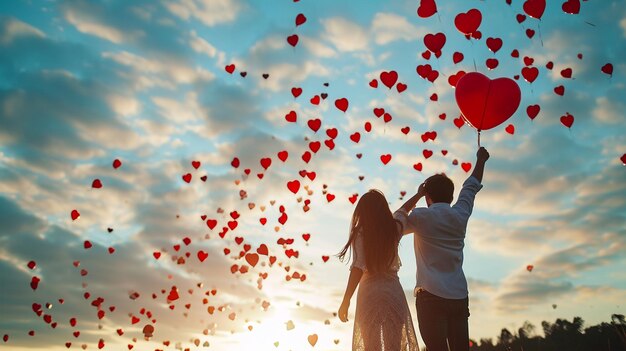 Una scena di una coppia che rilascia palloncini a forma di cuore nell'aria hd poster di rilascio del palloncino con co