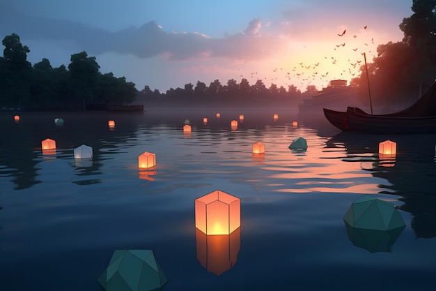 Una scena di una lanterna cinese che galleggia sull'acqua al tramonto.