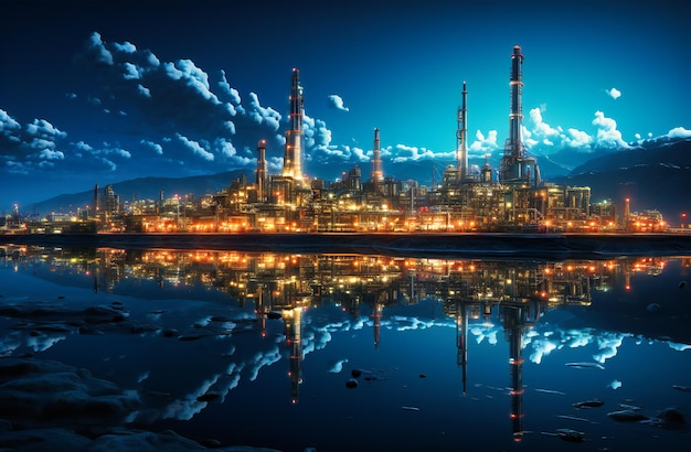 Una scena di una raffineria di petrolio di notte