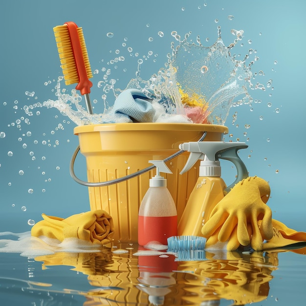 Una scena dinamica con un secchio di spazzole, asciugamani e schiuma di sapone che spruzzano in giro suggerendo un vigoroso processo di pulizia, spruzzando rifornimenti di pulizia.
