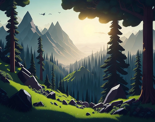 Una scena estiva di cartone animato con paesaggio di montagna Foresta e praterie illustrazione AI Generato