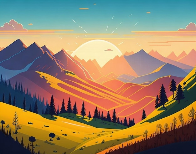 Una scena estiva di cartone animato con paesaggio di montagna Foresta e praterie illustrazione AI Generato
