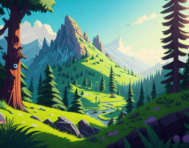 Una scena estiva di cartone animato con paesaggio di montagna Foresta e praterie illustrazione AI Generato